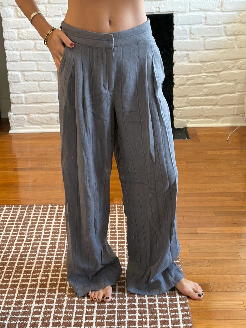 grey pinstripe wide leg trouser